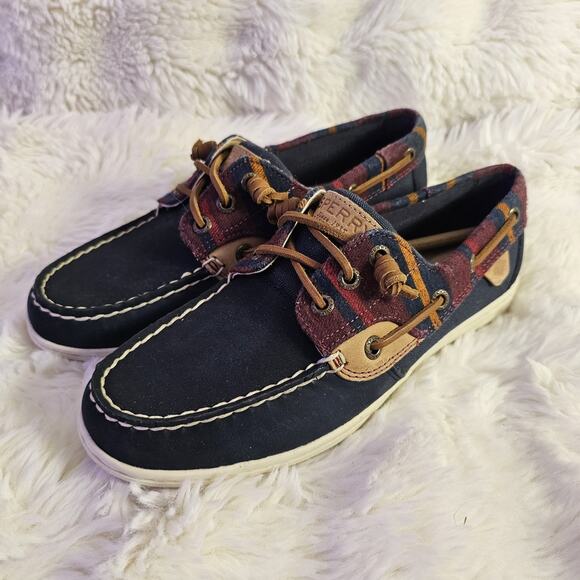 Sperry Top Sider Boat Shoes Leather Multicolor Plaid Slip On Women 7M Fisherman - Picture 1 of 8